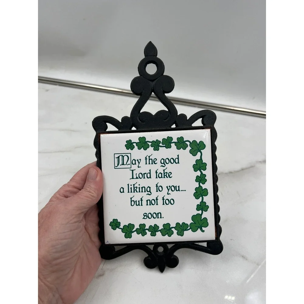 Vintage Papel Irish Blessing Trivet Wall Plaque Cast Iron Shamrock Tile 9x6